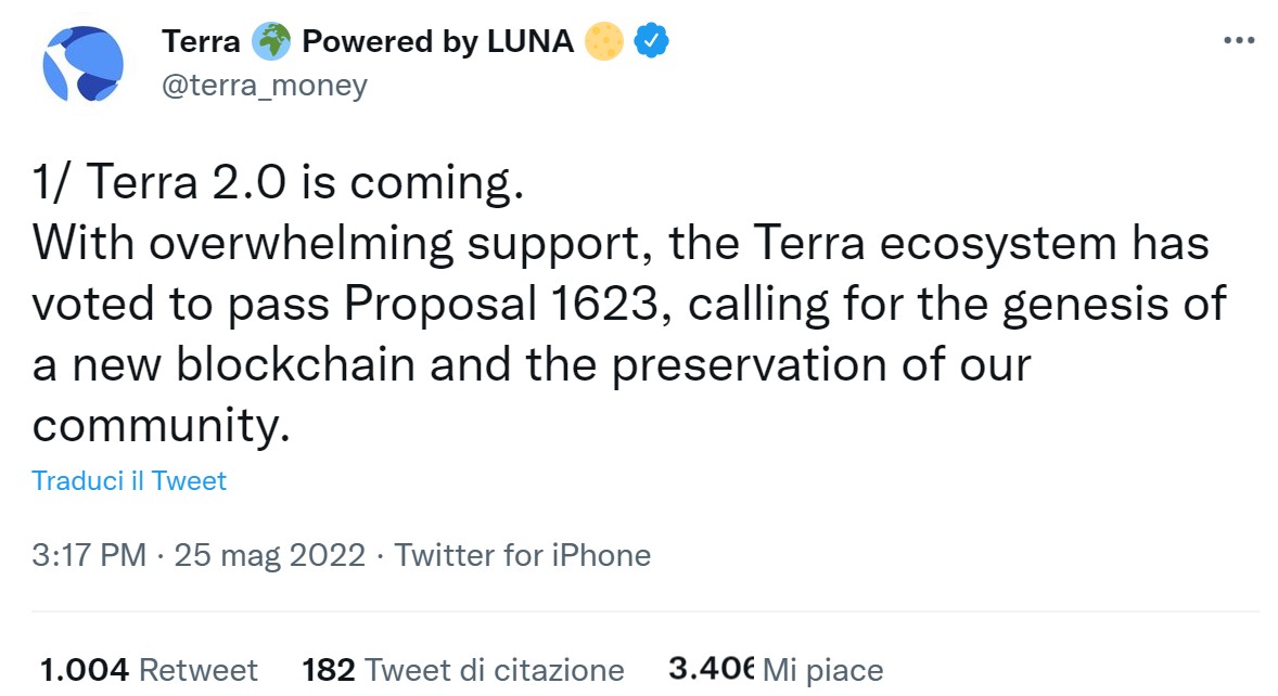 Il Tweet ufficiale dell'approvazione del piano rilancio per la blockchain Terra Il Tweet ufficiale dell'approvazione del piano rilancio per la blockchain Terra
