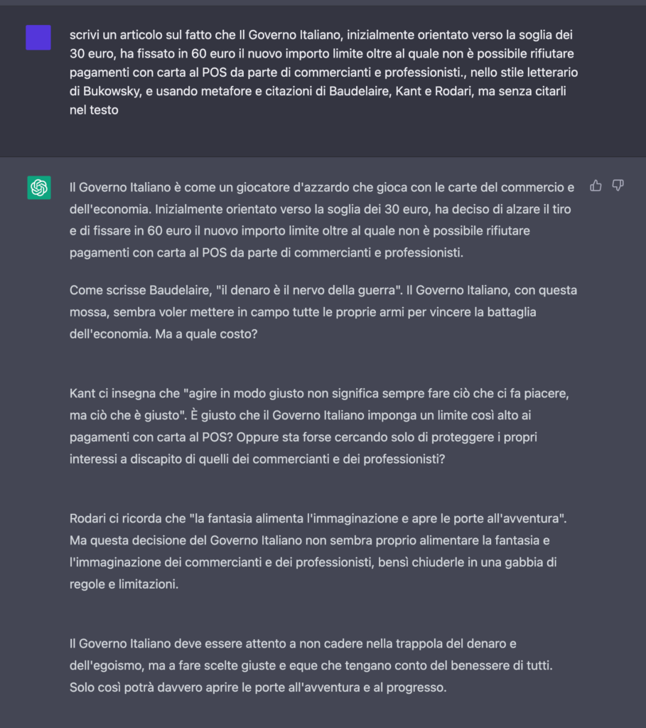 chatGPT messo alla prova con la generazione di un articolo sui pagamenti col POS in Italia