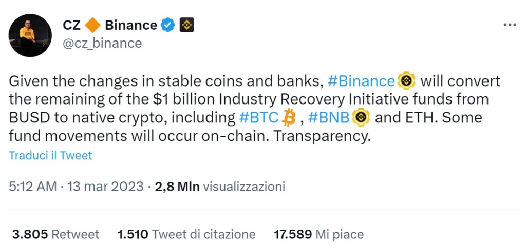 Changpeng Zhao ha annunciato su Twitter la conversione dei fondi Changpeng Zhao ha annunciato su Twitter la conversione dei fondi