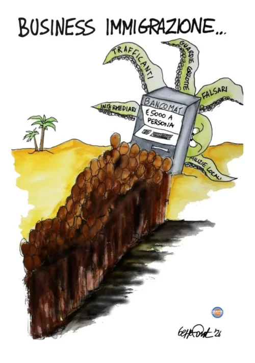 La filiera dell’immigrazione - Vignetta del 18/05/2026 - Sedute Satiriche di Beppe Fantin