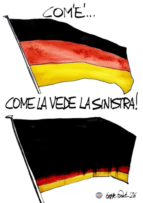 AfD trionfa: a sinistra vedono tutto nero - Vignetta del 09/09/2026 - Sedute Satiriche di Beppe Fantin