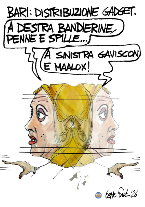 Record Meloni: Maalox per l’opposizione - Vignetta del 10/09/2026 - Sedute Satiriche di Beppe Fantin
