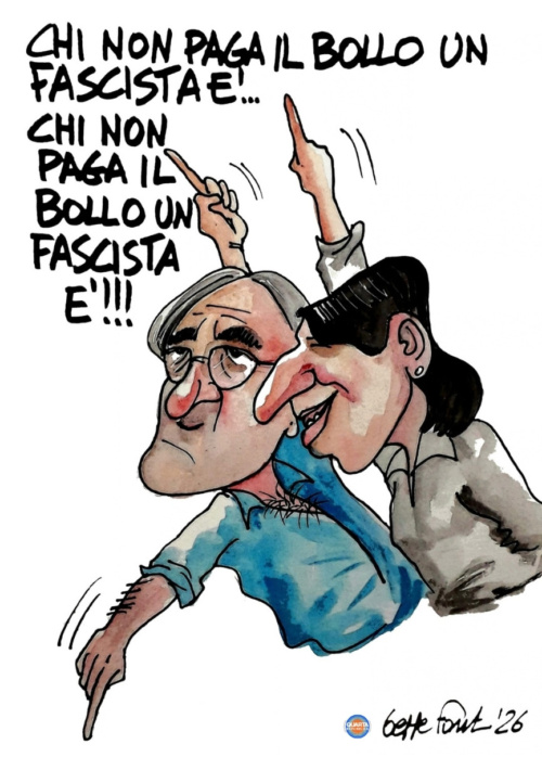 Meloni toglie il bollo: a sinistra musi lunghi - Vignetta del 22/09/2026 - Sedute Satiriche di Beppe Fantin