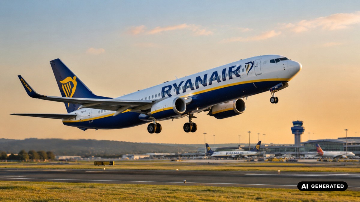 Decollo Ryanair al tramonto