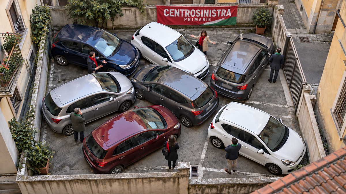 Folla in strada, parcheggio e centrosinistra