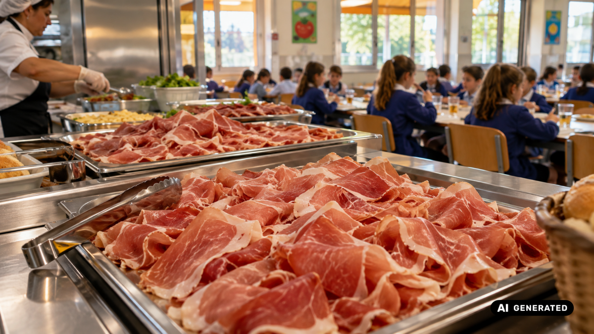 Mensa scolastica con prosciutto affettato