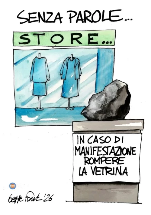 Manifestazioni: il sasso è servito - Vignetta del 24/10/2026 - Sedute Satiriche di Beppe Fantin
