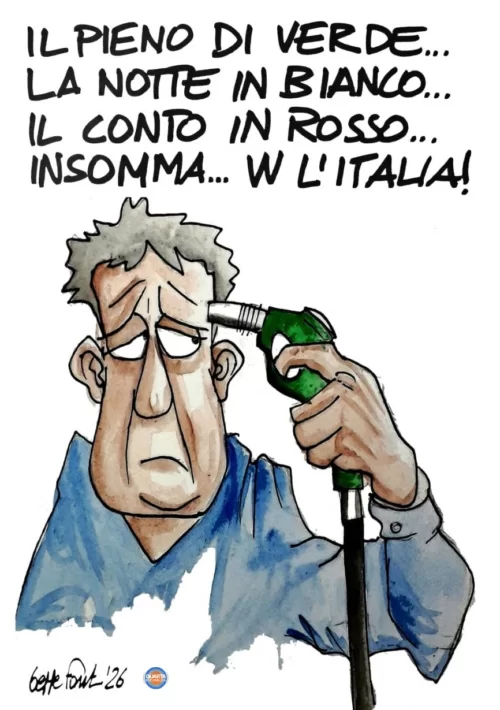 Il tricolore del caro benzina - Vignetta del 04/10/2026 - Sedute Satiriche di Beppe Fantin