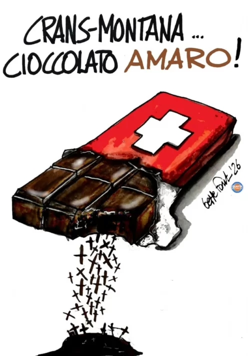 Crans-Montana, il cioccolato diventa amaro - Vignetta del 09/10/2026 - Sedute Satiriche di Beppe Fantin