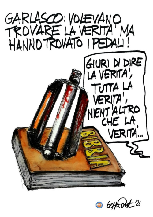Garlasco, una verità tutta da pedalare - Vignetta del 13/10/2026 - Sedute Satiriche di Beppe Fantin