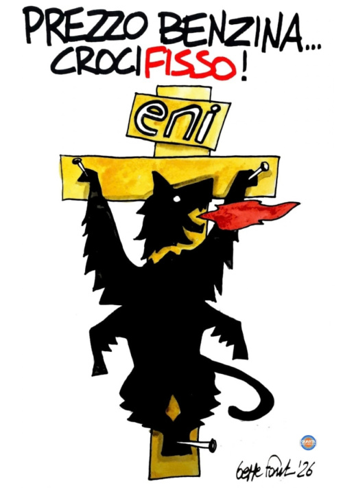 Eni in croce per i carburanti - Vignetta del 01/10/2026 - Sedute Satiriche di Beppe Fantin